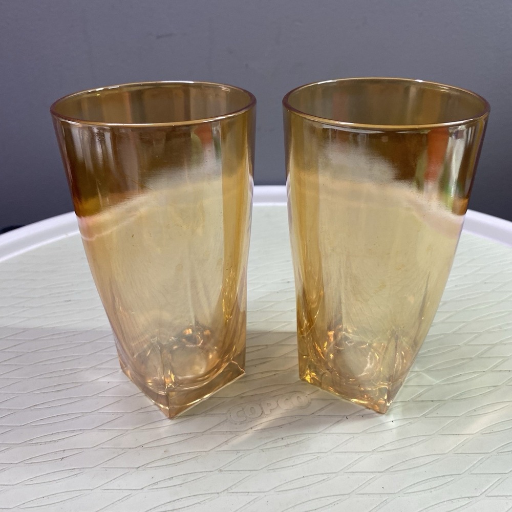 2 Vintage Iridescent Carnival Glass Tumblers, Square Base,Jeanette Glass- 5"tall
